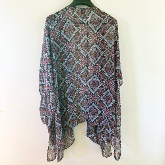 Lane Bryant Medium-Sleeve Chiffon Overpiece OneSize Patterned Blue Pink Plus - Picture 3 of 6